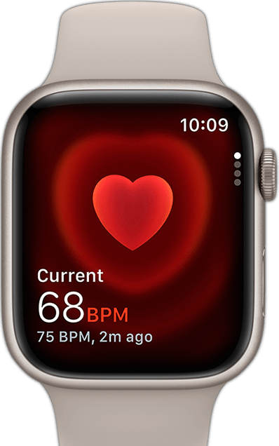 Pohľad spredu na Apple Watch, na ktorých sa ukazuje niečia tepová frekvencia.