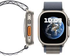Pohľad spredu az boku na nové uhlíkovo neutrálne Apple Watch Ultra 2