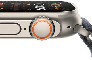 Apple Watch Ultra 2 mit robustem Titangehäuse, flachem Display, Digital Crown und Seitenknopf