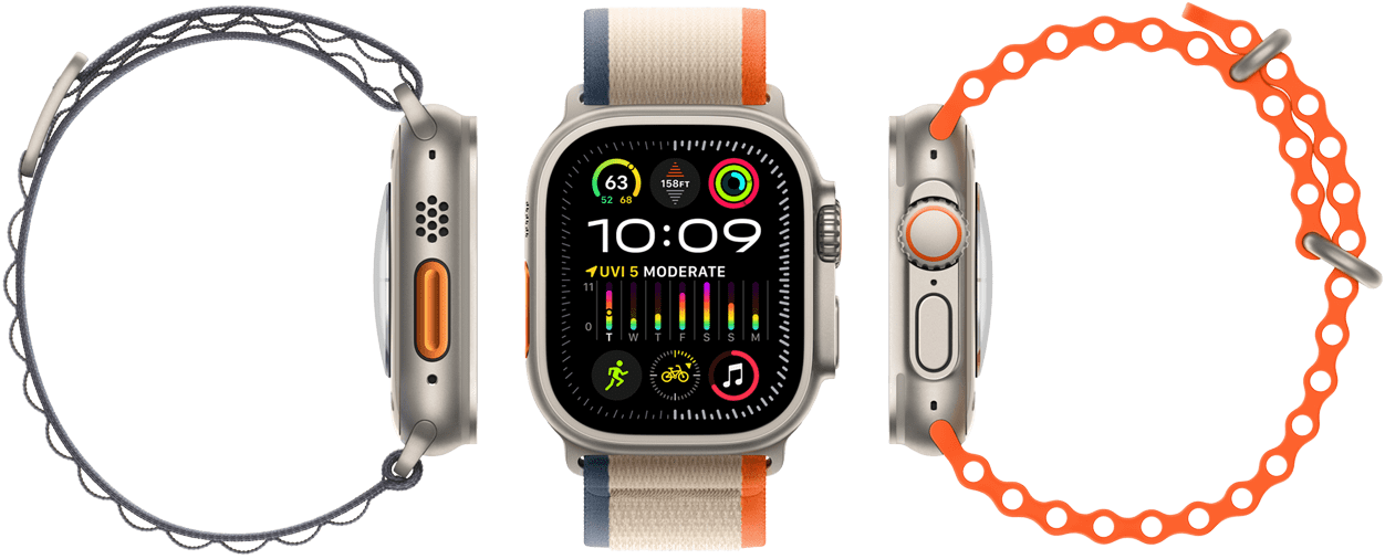 Apple Watch Ultra 2 - zeigt die Kompatibilität mit drei verschiedenen Armbandtypen. Großes Display, robustes Titangehäuse, orangefarbene Aktionstaste und Digital Crown sind zu sehen