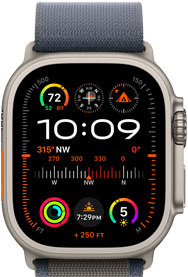 Ein Blick auf die Apple Watch Ultra 2 mit dem blauen Alpine Stroke, mit Komplikationen wie GPS, Temperatur, Kompass, Höhe und Fitnessanzeigen auf dem Display