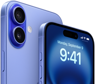 Dva modely, iPhone 16 Plus v ultramarínové zezadu, iPhone 16 v ultramarínové zepředu, kolem obrazovky září Apple Intelligence