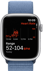 Apple Watch Series 9 se zobrazenou aplikací Srdeční tep