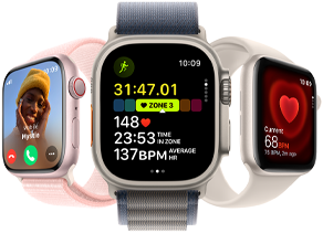 Apple Watch Series 9 natočené trochu doleva, Apple Watch Ultra 2 natočené přímo dopředu a Apple Watch SE natočené trochu doprava