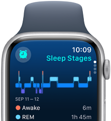 Apple Watch Series 9 se zobrazenými informacemi o fázích spánku