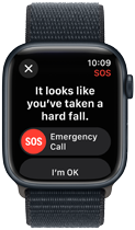 Apple Watch Series 9, které zrovna rozpoznaly prudký pád a zobrazily možnost zavolat na tísňovou linku