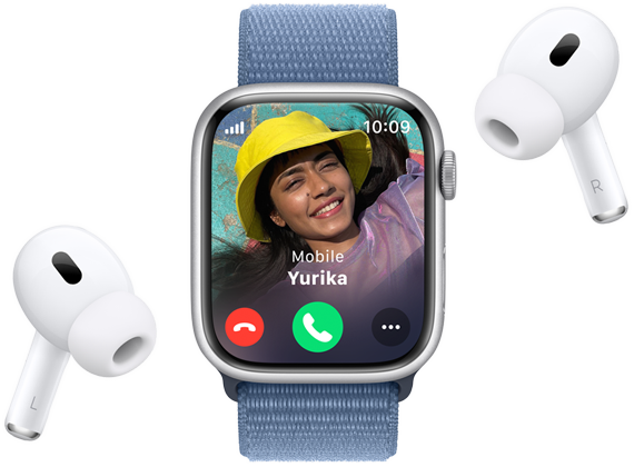 Apple Watch Series 9 zeigt einen Bildschirm für eingehende Anrufe mit AirPods Pro in der Nähe