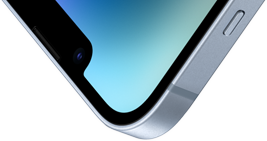 Levý horní roh iPhonu 14 se Ceramic Shieldem na přední straně.
