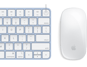Pohled zblízka na barevně sladěný Magic Keyboard a Magic Mouse, je zaostřeno na otisk prstu Touch ID