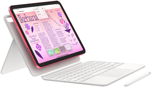 Ilustrácie zobrazujúce iPad, Magic Keyboard Folio a Apple Pencil.