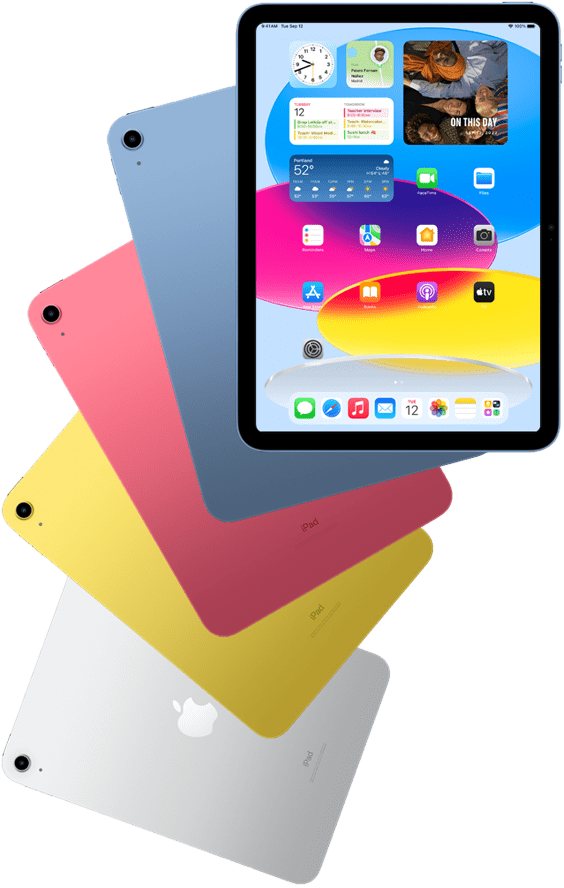 Pohled zepředu na iPad s grafikou na displeji a zezadu na modrý, růžový, žlutý a stříbrný iPad, které vystupují za ním.