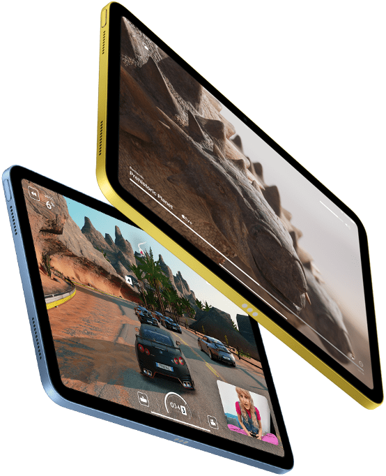 Ilustrácie zobrazujúce Apple TV+ a hranie hry cez SharePlay na iPade.