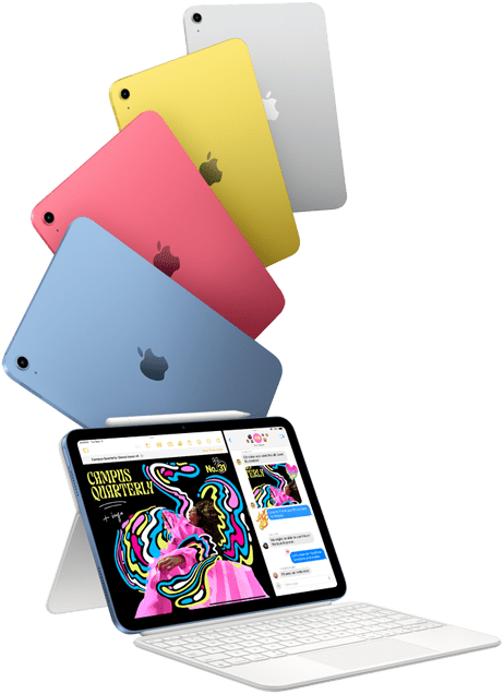 iPad v modré, růžové, žluté a stříbrné a iPad s připojeným Magic Keyboard Foliem.