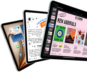 Displeje tří iPadů Air s ukázkou funkcí iPadOS a aplikací