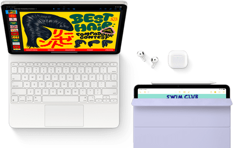 iPad Air prichytený k Magic Keyboardu, AirPody Pro, Apple Pencil Pro a Smart Folio