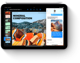 iPad mini v&nbsp;orientaci na šířku s&nbsp;Apple&nbsp;Pencilem položeným na vrchní hraně. Na displeji je vidět multitasking a&nbsp;nové funkce Apple&nbsp;Intelligence iPadu&nbsp;mini.