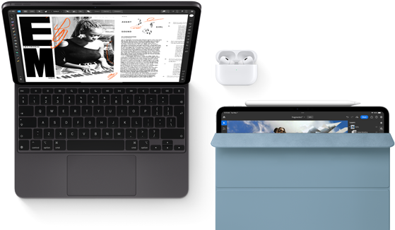 iPad Pro s Magic Keyboardom, AirPods Pro. Ďalší iPad s Apple Penlicom a Smart Foliom