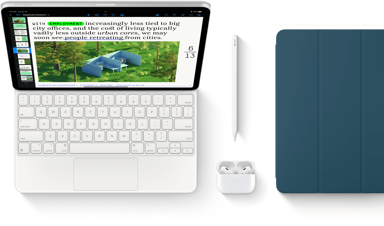 Smart Keyboard Folio, Apple Pencil, AirPods Pro a námorne modrý kryt na iPad.