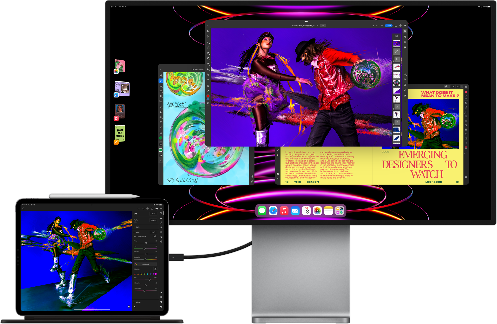 iPad Pro se zobrazenou aplikací LumaFusion připojený k externímu monitoru, na kterém je zobrazený multitasking pomocí Stage Manageru.