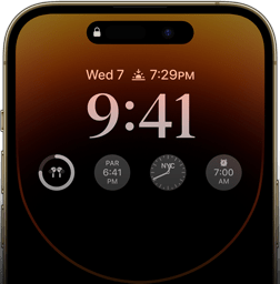 Pohled zepředu na iPhone 14 Pro a jeho stále zapnutý displej se zobrazeným časem, datem, čtyřmi widgety a dalšími prvky.