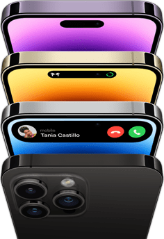 iPhone 14 Pro ve čtyřech různých barvách – vesmírně černé, modré, zlaté a temně fialové. U jednoho modelu je vidět zadní strana telefonu, na ostatních třech je vidět displej zepředu.