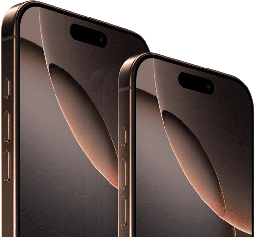 6,9palcový iPhone 16 Pro Max a 6,3palcový iPhone 16 Pro, pohled zepředu, akční tlačítko, tlačítka hlasitosti, Dynamic Island nahoře uprostřed