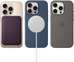 Three iPhone 16 Pros viewed from the back, featuring attached MagSafe accessories: a FineWoven fabric MagSafe wallet, a MagSafe charger, and a MagSafe silicone case 