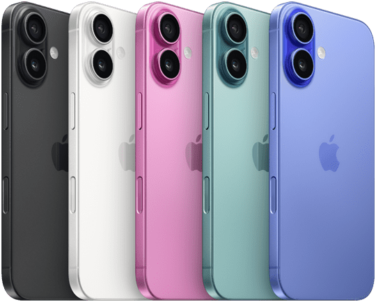 iPhone 16, zadná vonkajšia strana, vystúpená vyspelá sústava dvoch kamier, logo Apple v strede, všetkých päť prevedení, čierna, biela, ružová, modrozelená, ultramarínová