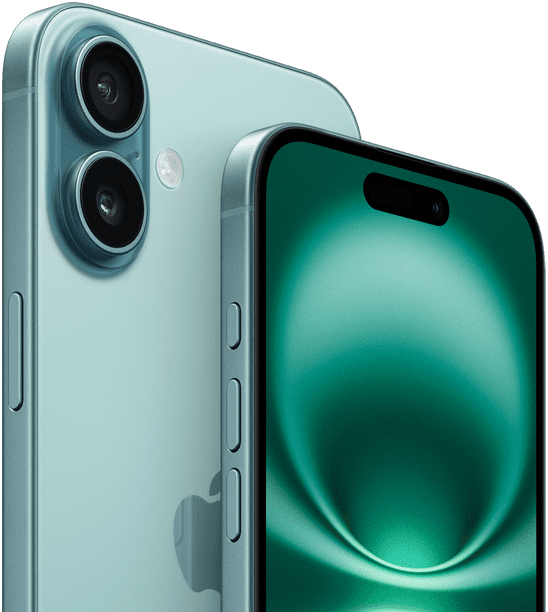 iPhone 16 Plus a iPhone 16, akčné tlačdlo, tlačidlá hlasitosti, bočné tlačidlo a ovládanie kamery, predný vonkajší celoplošný dizajn, Dynamic Island hore v strede, zadná vonkajšia strana, modrozelené prevedenie, vystúpená vyspelá sústava dvoch kamier v ľavom hornom rohu, logo Apple v strede