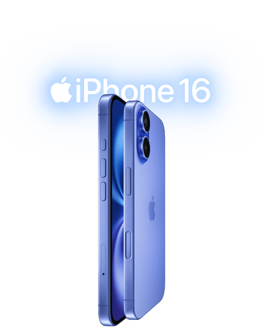 Dve zariadenia iPhone 16, bočná vonkajšia strana, naukladané displejmi k sebe, v ultramarínovom prevedení, tlačidlá hlasitosti, akčné tlačidlo, bočné tlačidlo, tlačidlo ovládania kamery, logo Apple v strede, vystúpená vyspelá sústava dvoch kamier