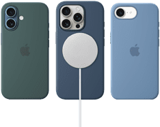 Různé MagSafe doplňky k iPhonu. Jezerně zelený silikonový kryt s MagSafe na iPhone 16, denimový silikonový kryt s MagSafe na iPhone 16 Pro připojený k bílé MagSafe nabíječce, ledově modrý silikonový kryt na iPhone 16e