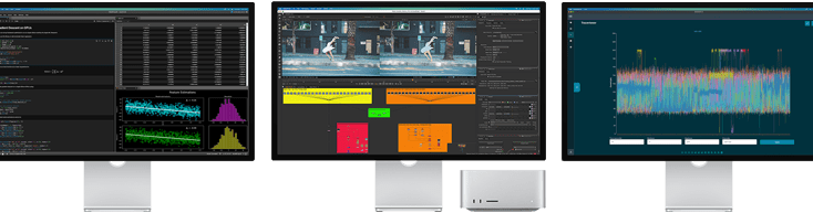 Mac Studio und drei Studio Displays, jedes mit einer anderen macOS-App auf dem Bildschirm