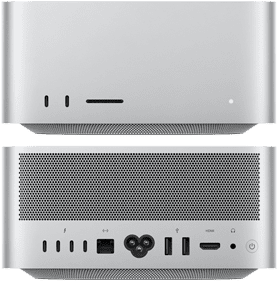 Ein Blick auf die Vorderseite des Mac Studio mit zwei USB-C-Anschlüssen und einem SDXC-Kartenleser; und ein Blick auf die Rückseite mit vier USB-C-Anschlüssen, zwei USB-A-Anschlüssen, Ethernet, HDMI und einem Kopfhöreranschluss
