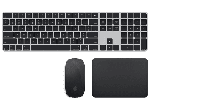 Magic-Zubehör: Magic Keyboard mit Touch ID, Magic Mouse und Magic Trackpad nebeneinander, alle in Spacegrau