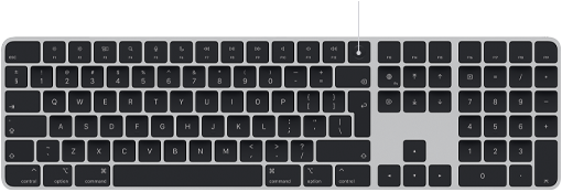 Ukazovateľ namierený na snímač Touch ID na Magic Keyboarde nad klávesom Delete
