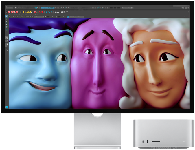 Pohľad spredu na Mac Studio so Studio Displayom