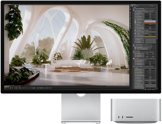 Pohľad spredu na Studio Display vedľa Macu Studio