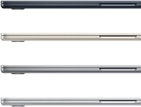 Čtyři zavřené MacBooky Air v dostupných barvách: temně inkoustové, hvězdné bílé, vesmírně šedé a stříbrné