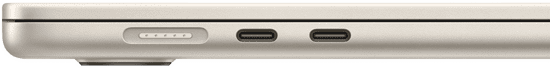 Port MagSafe sa nachádza na ľavej strane úplne vzadu. Dva porty Thunderbolt sú umiestnené na ľavej strane pred portom MagSafe. – Apple notebook MacBook MacBook Air 13-palcový M3 SK 2024 Hviezdne biely