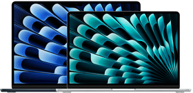 Pohled zepředu na 13palcové a 15palcové modely MacBooku Air, obrázek ukazuje velikosti displejů (měřeno úhlopříčně)