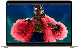 Obrazovka MacBooku Air s pestrofarebným obrázkom, na ktorom vidno farebný rozsah a rozlíšenie displeja Liquid Retina