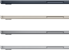 Štyri MacBooky Air v dostupných farbách: temne atramentové, hviezdne biele, vesmírne šedé a strieborné