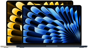 Pohľad spredu na modely 13-palcového a 15-palcového MacBooku Air, obrázok ukazuje veľkosti displejov (merané uhlopriečne)