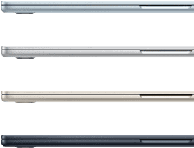 Čtyři MacBooky Air ve všech dostupných barvách: blankytně modré, stříbrné, hvězdně bílé a temně inkoustové