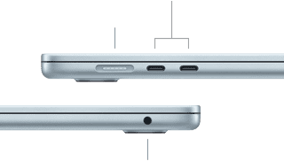 Boční pohledy na MacBook Air s viditelnými porty: MagSafe a dva porty Thunderbolt 4 na levé straně, sluchátkový konektor na pravé straně