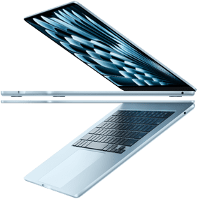 Dva otevřené MacBooky Air v blankytně modré uspořádané do tvaru šipky, což zdůrazňuje jejich tenký profil