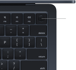 Snímač Touch ID umístěný v pravém horním rohu klávesnice MacBooku Air