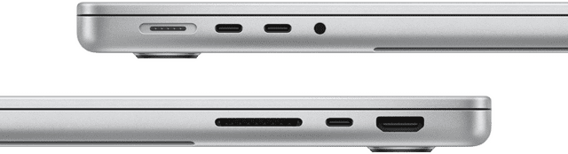 Pohled z boku na porty 14palcového MacBooku Pro s čipem M3 Pro: levá strana s portem MagSafe, dvěma porty Thunderbolt 4 a sluchátkovým konektorem, pravá strana se slotem na kartu SDXC, jedním portem Thunderbolt 4 a portem HDMI