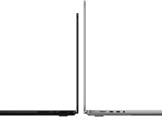 14palcový a&nbsp;16palcový MacBook Pro přiléhající zadními stranami k&nbsp;sobě na znázornění rozdílu ve velikostech a&nbsp;zdůraznění tenkého profilu