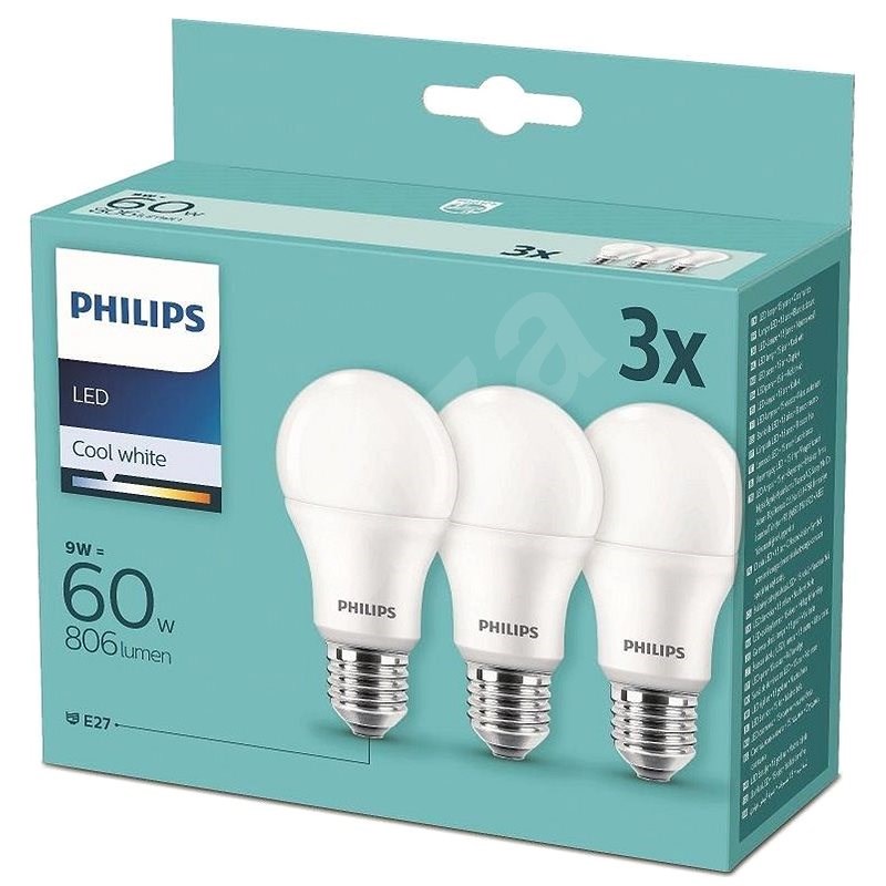 Philips LED 9-60W, E27 4000K, 3ks - LED žárovka